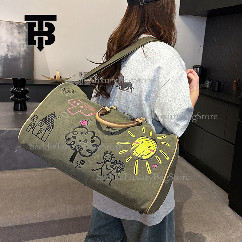 TB BHULAMTE Designer Luxury Colorful Graffiti Outdoor Travel Bag Fashion Large Capacity Shoulder Bag Cute Cartoon Fitness Yoga Bag Hand In Hand Bag