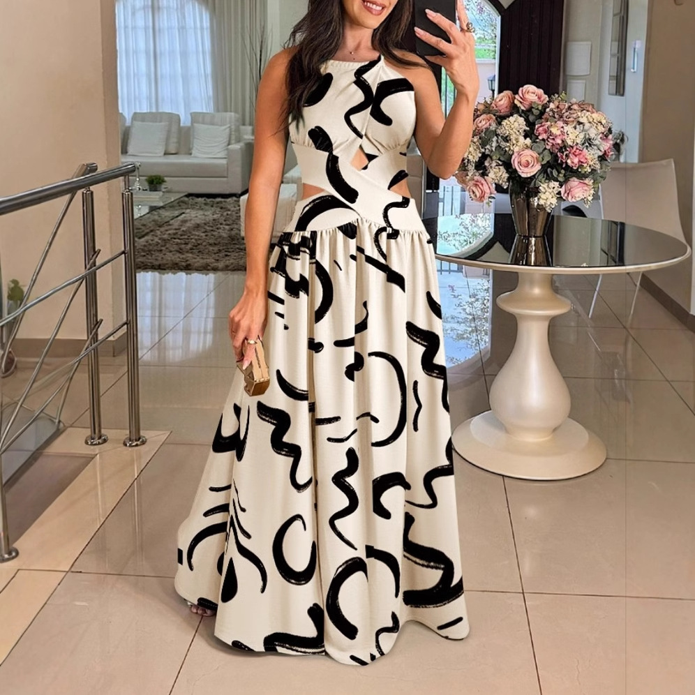 2025 new summer sleeveless off shoulder large swing skirt with high waist and backless strap dress for women