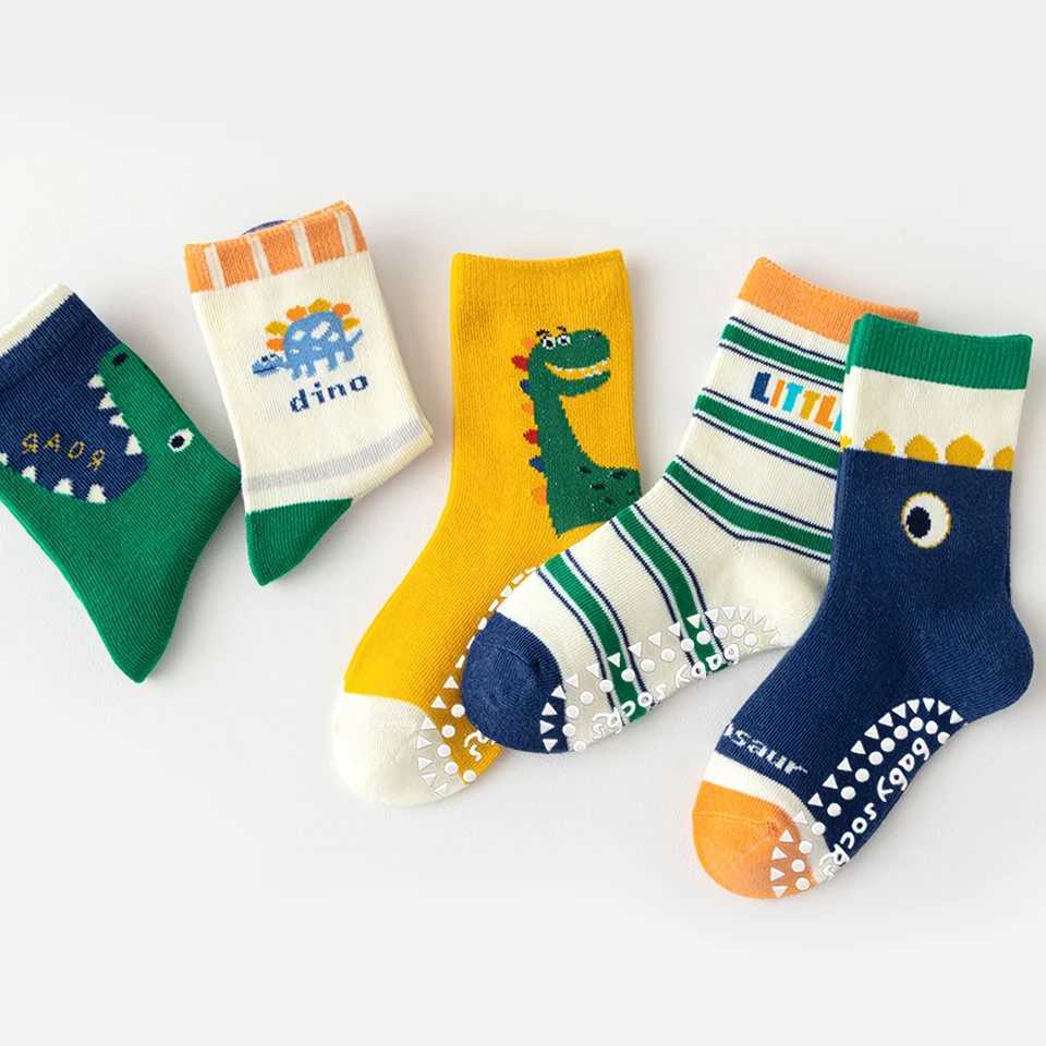 5 Pairs of CHIldrens Floor SOCKS with Letter Stripes BigEyedD inosaurP atternB oysa ndG irlsB abyT oddlerS oftSoledIn doorNo nSlipMid CalfSock sSuit a