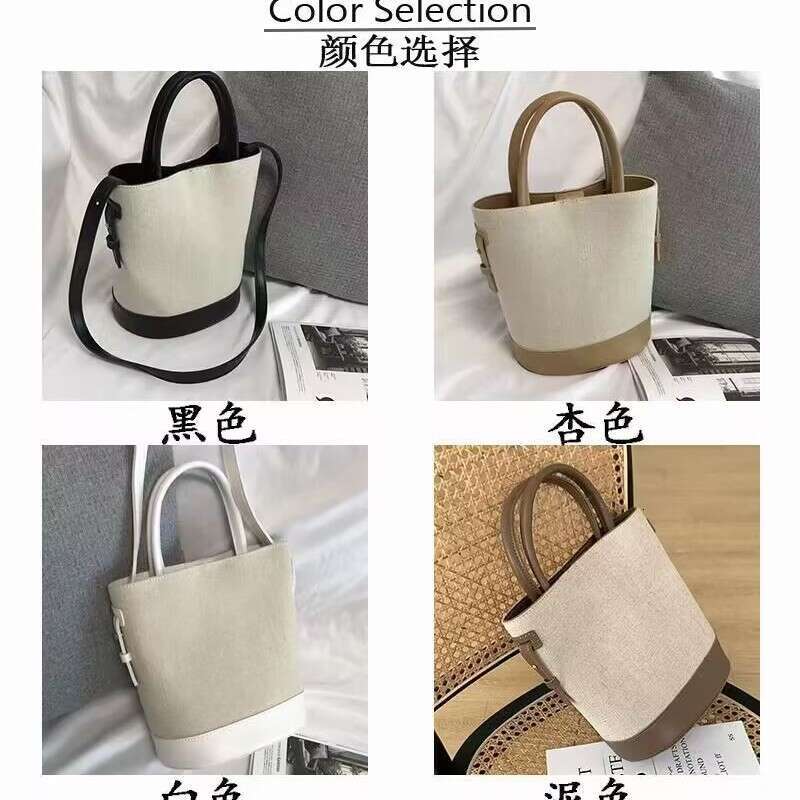 Light Luxury Korean Edition New Product Splicing Hemp Water Bucket Versatile Color Contrasting Simple Single Cross Shoulder Women S Bag Handbag
