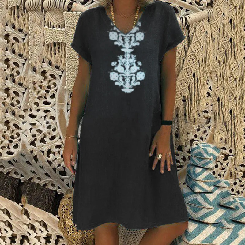 Fashionable printed loose spring/summer V-neck medium length cotton linen dress 250423