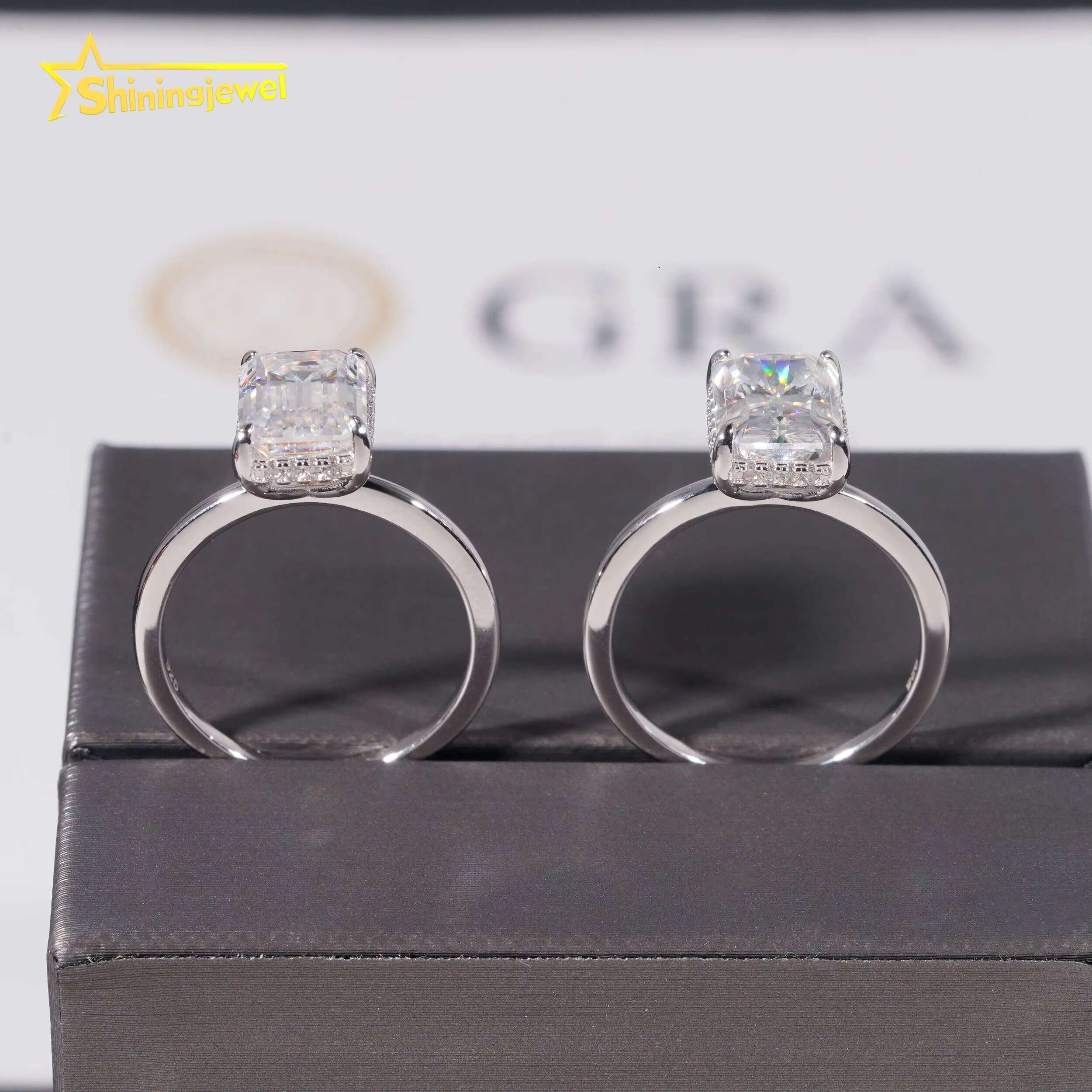 Fast Shipping Gold Plated Emerald Cut Wedding Ring Moissanite VVS Pass Diamond Test 925 Sliver Halo Setting Engagement Ring