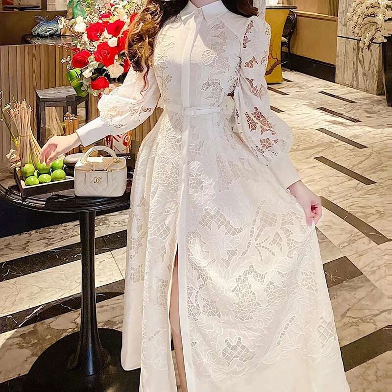2023 New Women Lace Embroidery Dress Spring Summer Long Sleeve White Wedding Evening Party Hollow Out Vestido Dresses