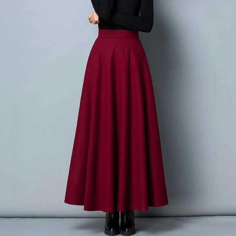 Womens Long Woolen Skirt Elegant High Waist Wool A Line Skirts Female Casual Thick Warm Pocket Maxi Skirts M250424