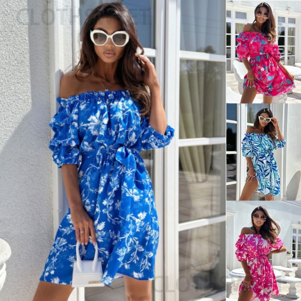 2023 Summer Simple One Shoulder Short Sleeve Printed Dress for Womens Wear