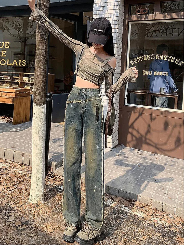 Womens jeans high waisted black all diamond rhinestone solid color straight wide legs denim pants fashion for autumn 250422