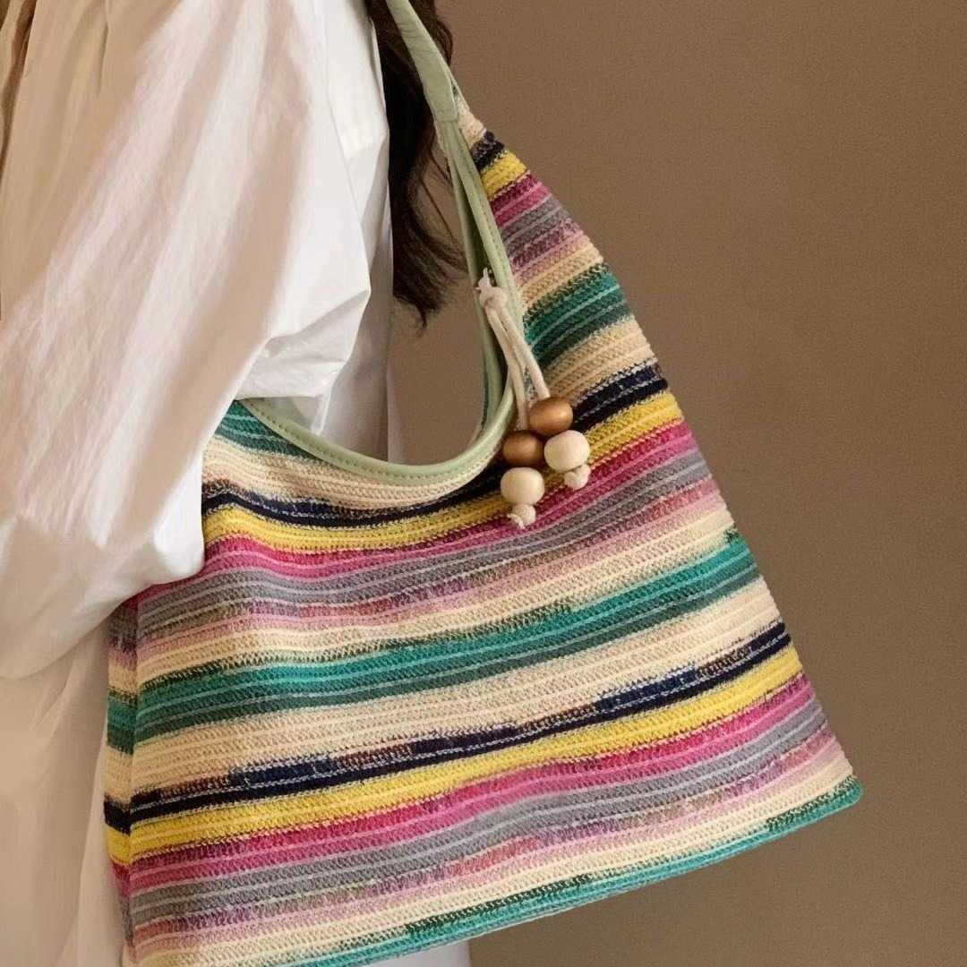 Rainbow Patterned Tote Bag for Women New Beach Woven Large Capacity Shoulder Bag Lazy Beach Bag Trend