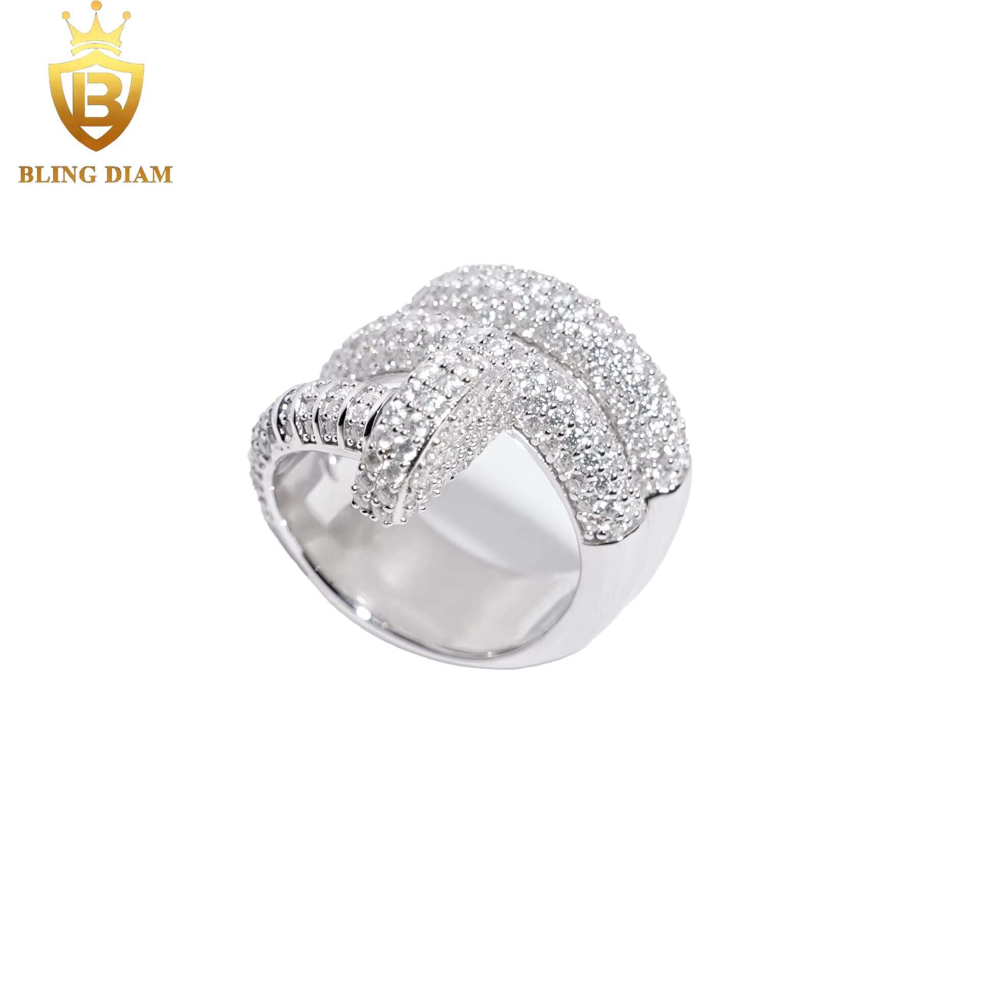 Blingdaim Jewelry Ring 925 Silver VVS Moissanite Fully Diamond Ice Out Hip Hop Mens Bent Nail Rings