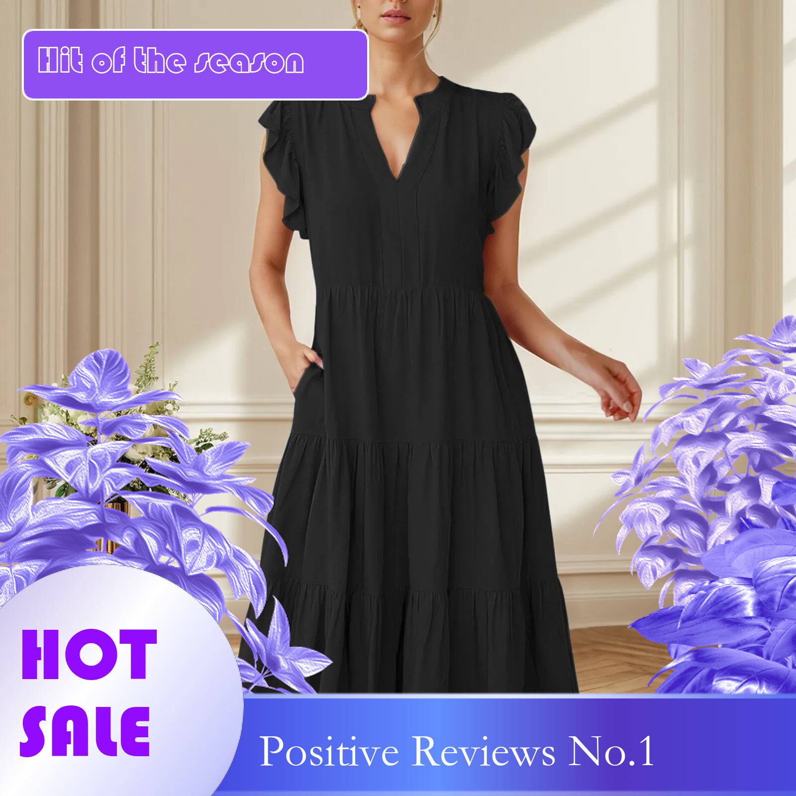 Dongdumaoyi Womens Casual Dresses Summer Ruffle Sleeve V Neck Midi Dress Fashion A Line Flowy Layered Bohemian For Women