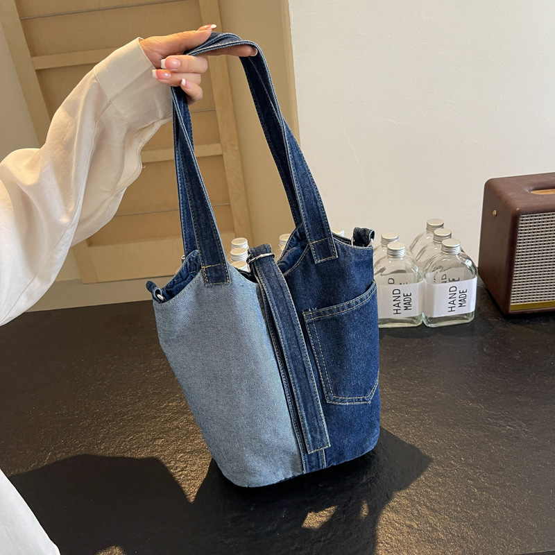 designer bag Small niche bucket canvas women's 2024 Korean version artistic fashion handbag shoulder spliced denim crossbody bag