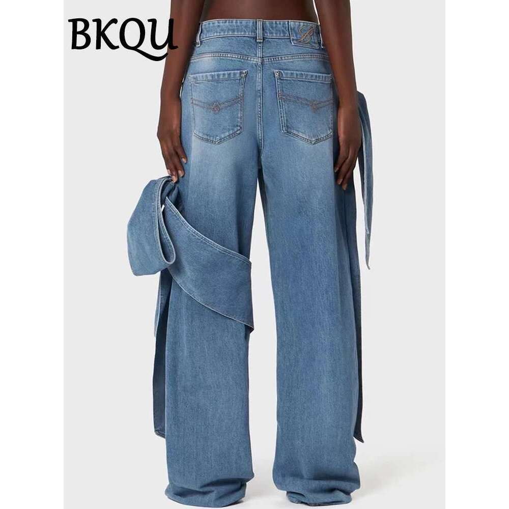 BKQU Denim Pants Set Women 2024 Designer Outfits Bows Spaghetti Straps Corset Tank Tops And Wide Leg Straight Jeans 2 Piece Sets