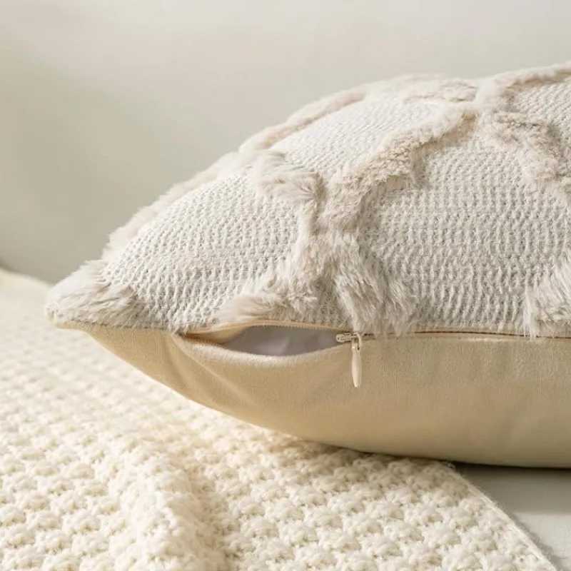 Plush Khaki Throw Pillow Cover Modern Simple Rhombus Jacquard Sofa Gift Pillow Cover Nordic Office Waist Bedside Cushion Car G251124