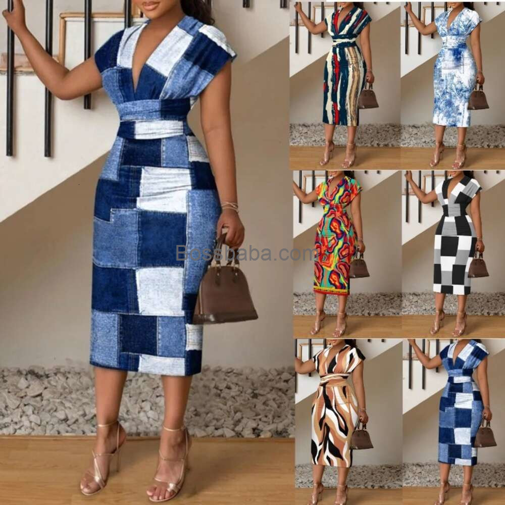 Casual Elegant Dresses For Woman Plus Size S-3XL Designer Dress Womens Clothing 2025 Spring Summer Printed V-neck High Waist Wrapped Hip Midi Skirt