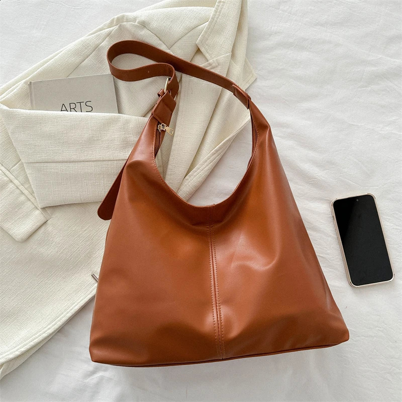 Trendy Casual Soft PU Womens Handbags Solid Color Large Capacity Female Shoulder Bag Retro Tote Bag For Commute Shopping R250424