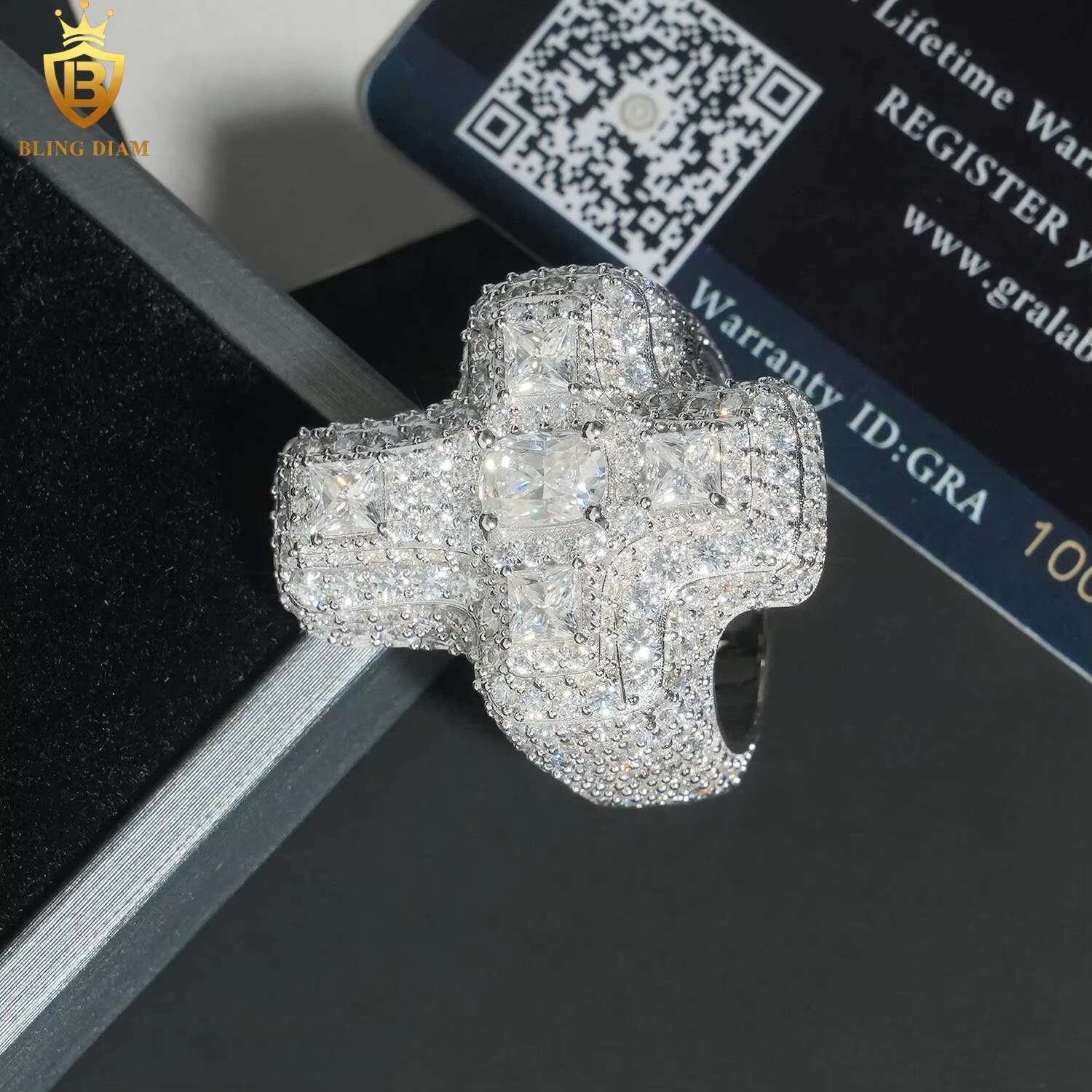 Hip Hop Jewelry 925 Sterling Silver Gold Plated Men Cross Ring Vvs Moissanite Iced Out Gra Certificate Pass Diamond Tester