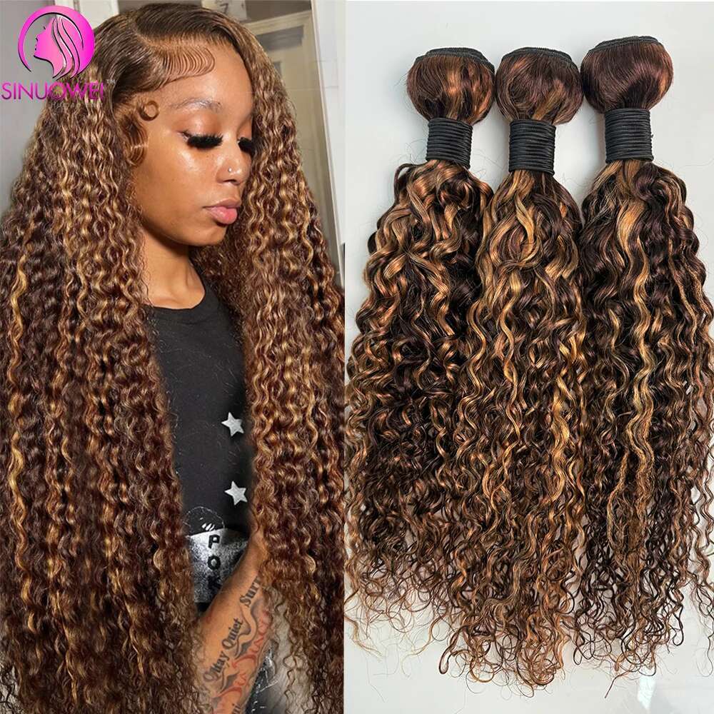 Highlight Water Wave Weaves Brazilian 100% Human Hair Wet And Wavy Double Weft Deep Curly Bundles