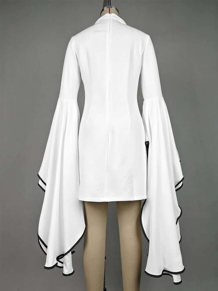 Women Fashion Elegant Flared Sleeves Party Evening Mini Dresses 2024 New Autumn Stand Collar Slim Fit White A-Line Dress