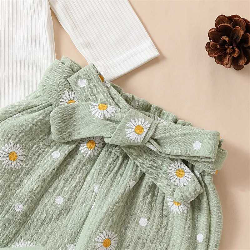 Clothing Sets 2023-11-03 Lioraitiin 0-24M Baby Girl Print Outfit Solid Ribbed Ruffle Romper Long Sleeve Pants Headbands Clothes Set R250424