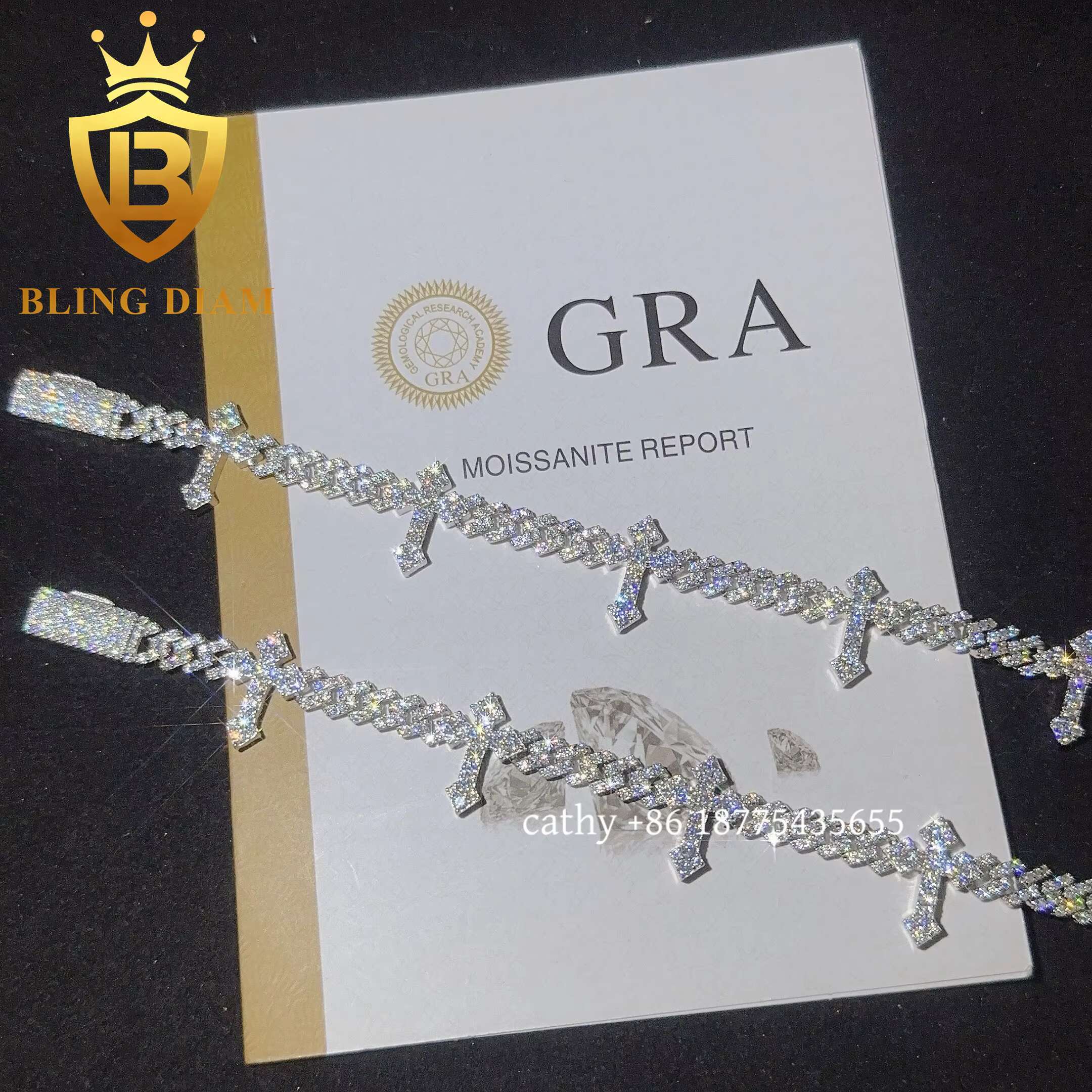 Solid Silver 6mm Cross Hip Hop Cross Cuban Bracelet for Men Women Fashion Moissanite Cross Cuban Link Chain Bracelet
