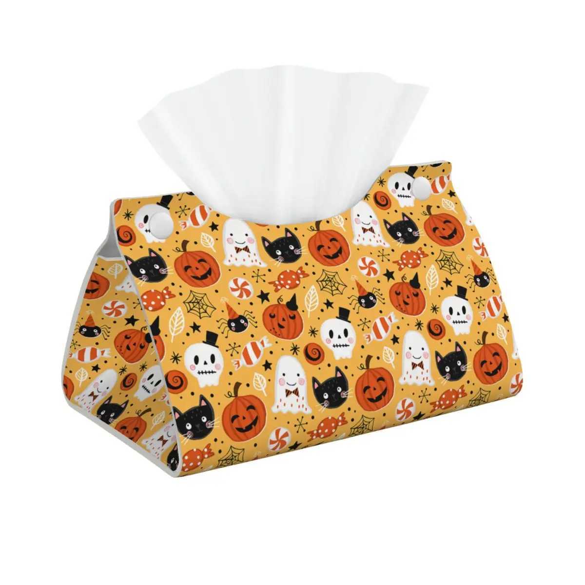 Custom Halloween Pumpkins Ghosts Cats Skulls Tissue Box Cover for Bathroom Car PU Leather Rectangular Facial Tissue Box HolderM251124