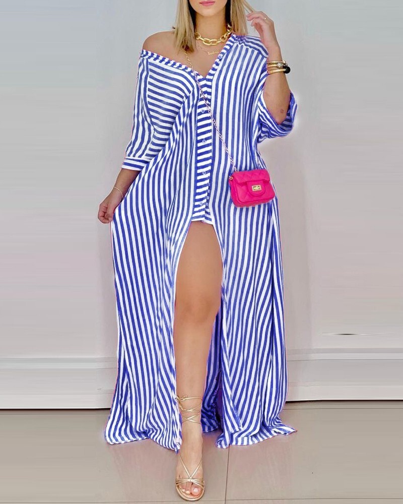 2021 autumn loose long sleeve V-neck striped shirt dress womens wear