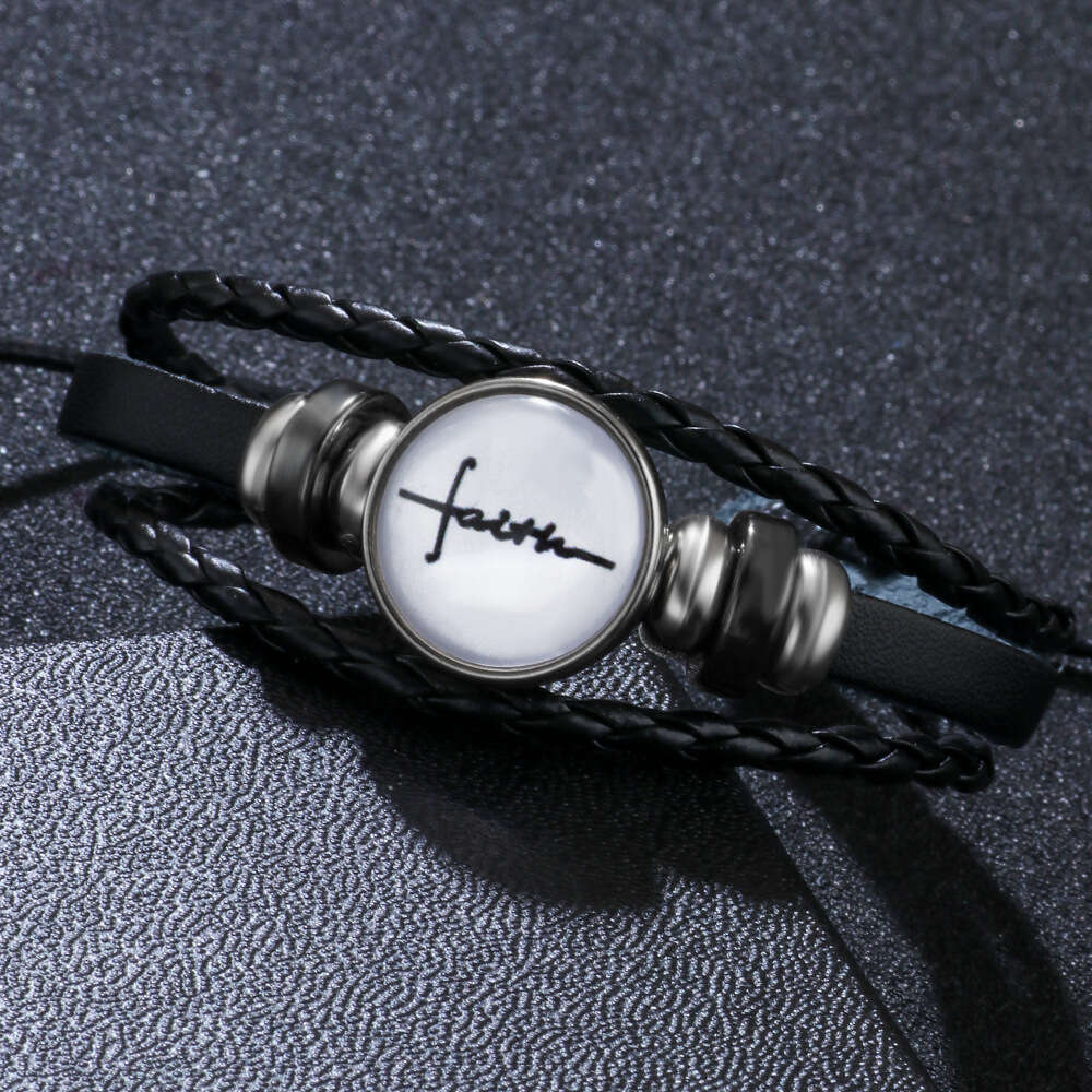 Temu Hot selling Bracelet English Letter Faith Glass Buckle Knitted Leather Bracelet, niche and high-end