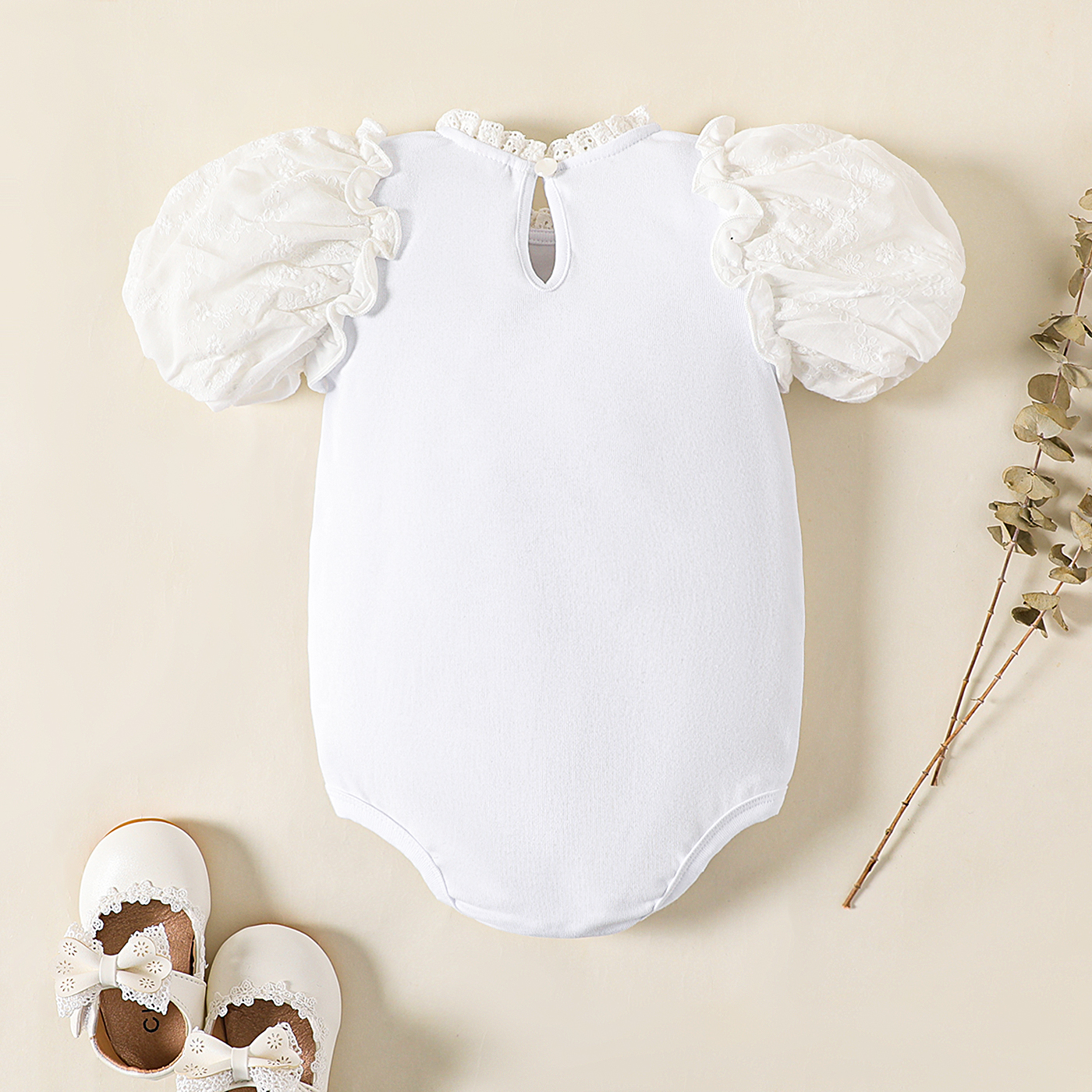 PatPat Baby Girl Cotton Letter Embroidered Frill Neck Puff-sleeve Romper