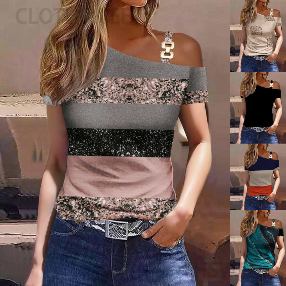 2023 Summer Simple Short Sleeve Metal Button Print Top T-shirt Womens Wear