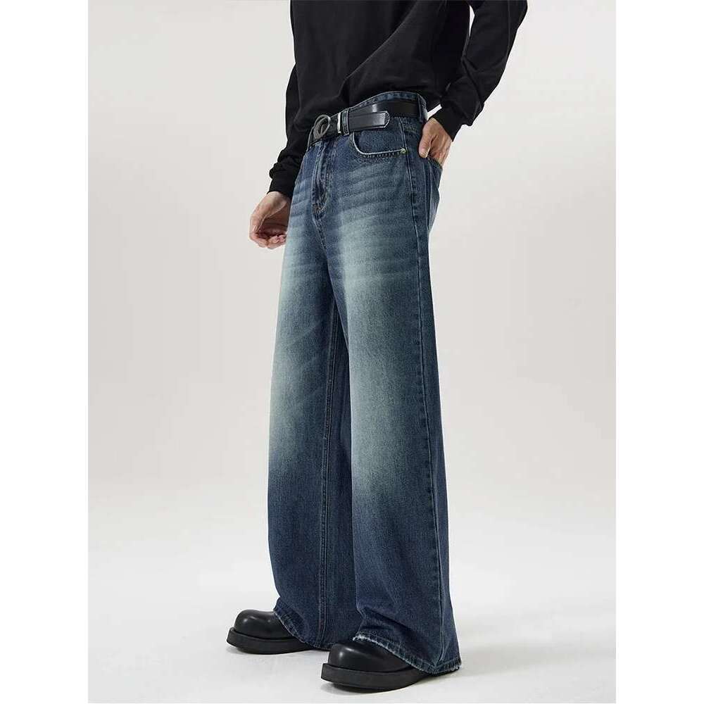 4 Colors Autumn Vintage Distressed Men's Baggy Straight Jeans Fashion Korean High Street Denim Pants Streetwear Male Trousers