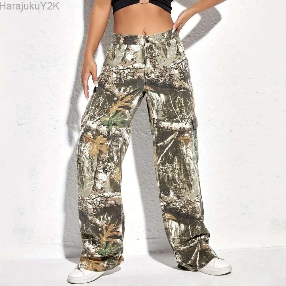 Camouflage Denim Trousers For Women High Waist Patchwork Button Colorblock Loose Wide Leg Pants Female Autumn Clothes