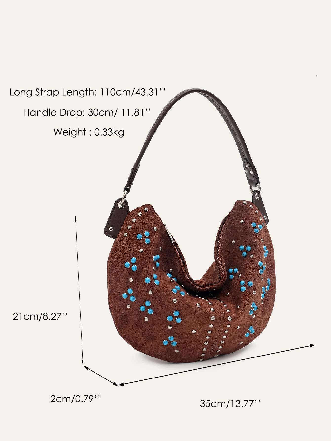 Bohemia Retro Tribal Style Women's Faux Suede Fabric PU Vegan Leather Patchwork Studded Beads Decor Half-Moon Hobo Shoulder Bag