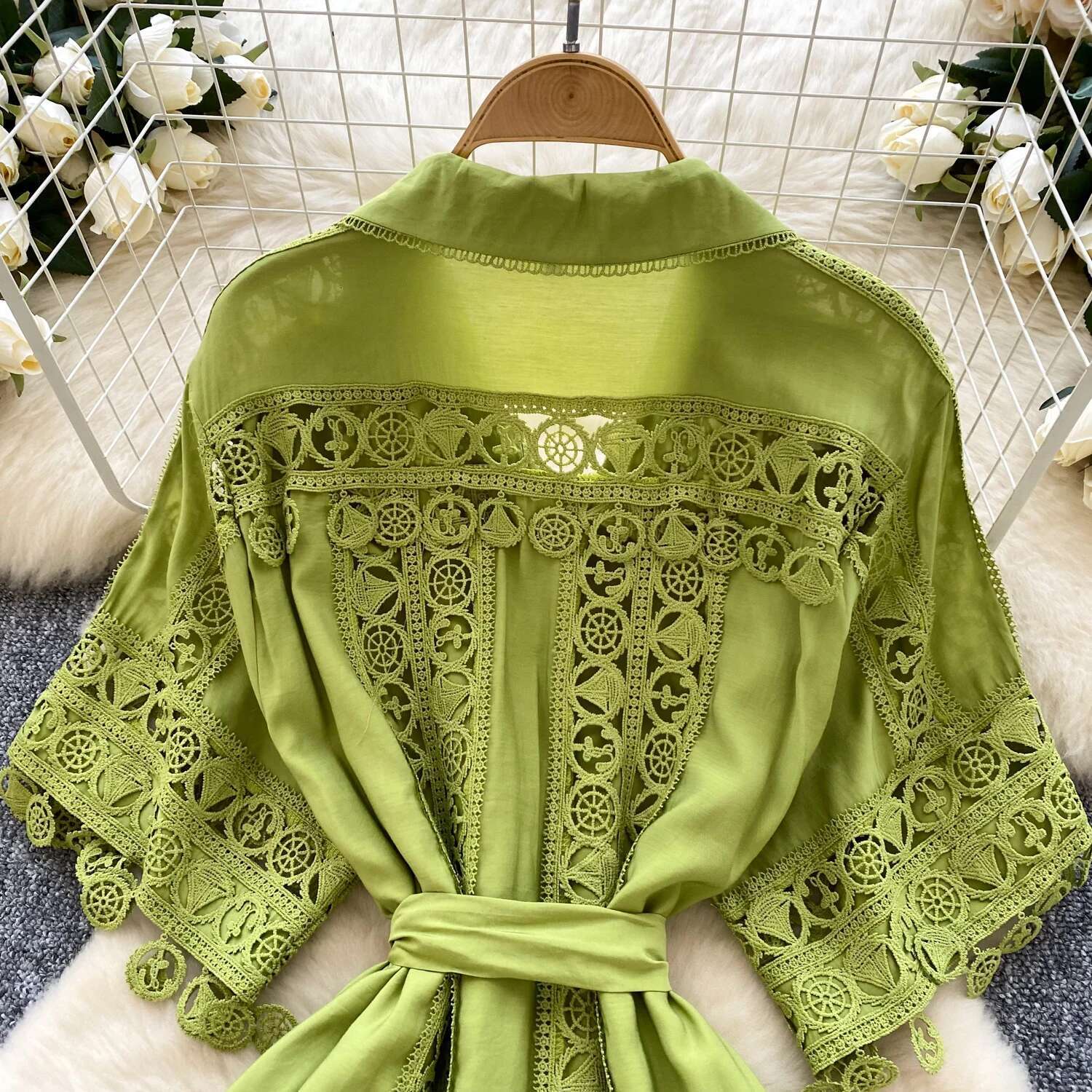 Hollow Out Midi Dresses Shirt Women Summer Holiday Elegant Single Breasted Button Lace Belt Embroidery Party Long Vestido