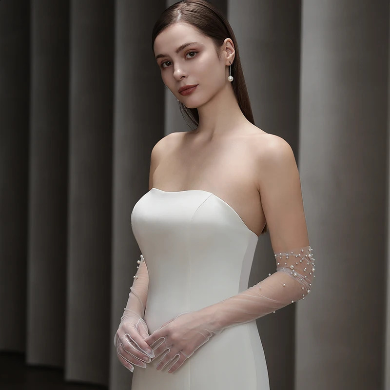 WG138 Bridal Gloves Heavy Handmade Beading Elegant Long Elegant Slim Wedding Dinner Party Tulle Gloves Wedding Accessories 250417