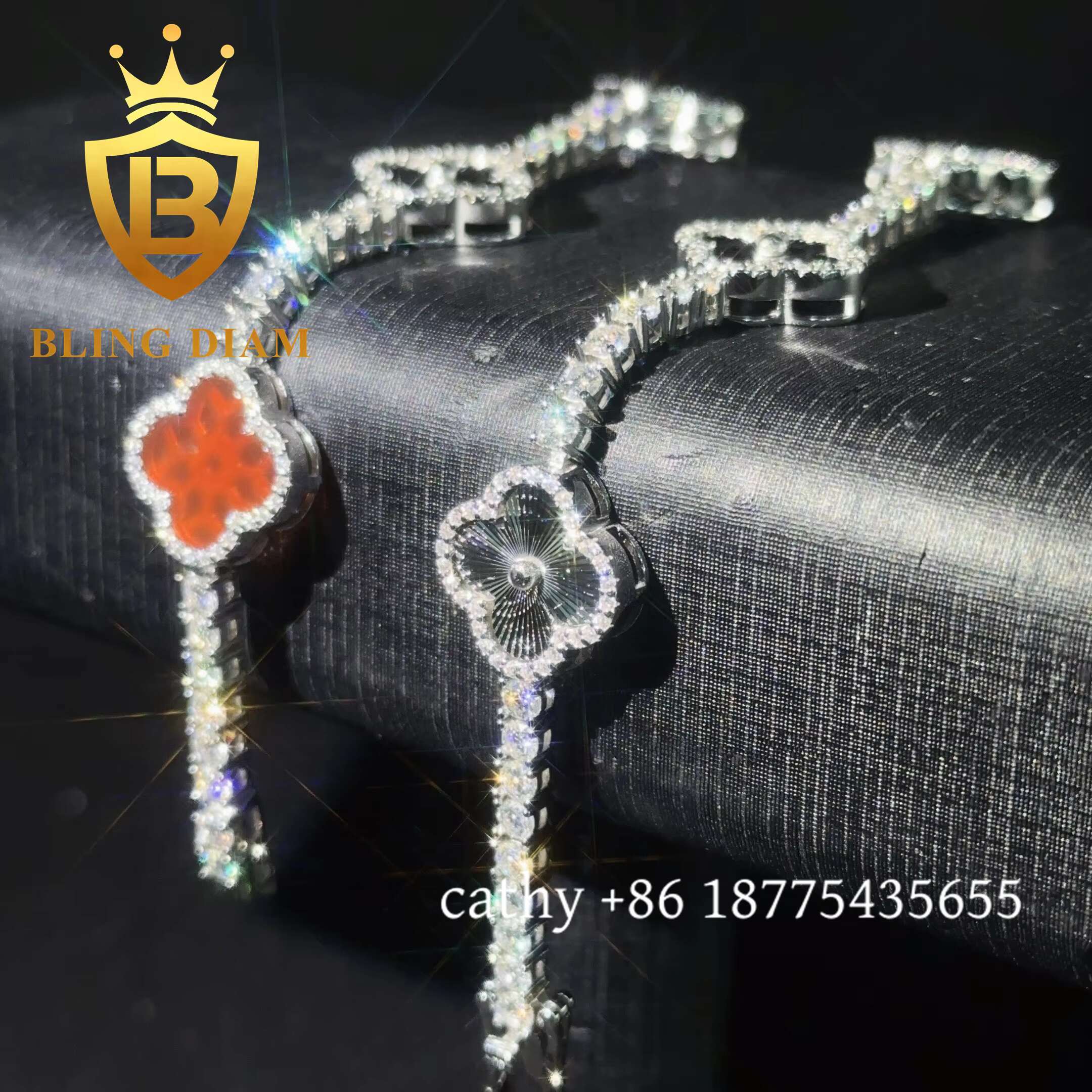Fashion Clover Moissanite Tennis Chain Bracelet 925 Sterling Silver 3mm Moissanite Bracelet Pass Diamond test for Men Women