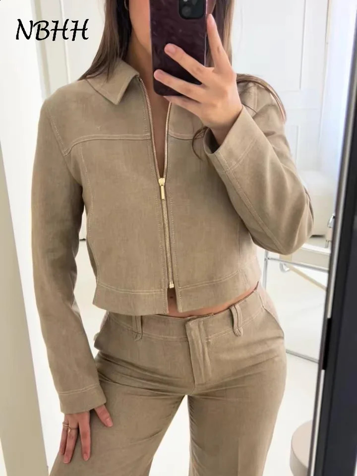 Fashion Solid Jacket Pants Set for Women with Collar Zipper Long Sleeve Cutting Straight Trouser Spring/Summer Casual Set 250423