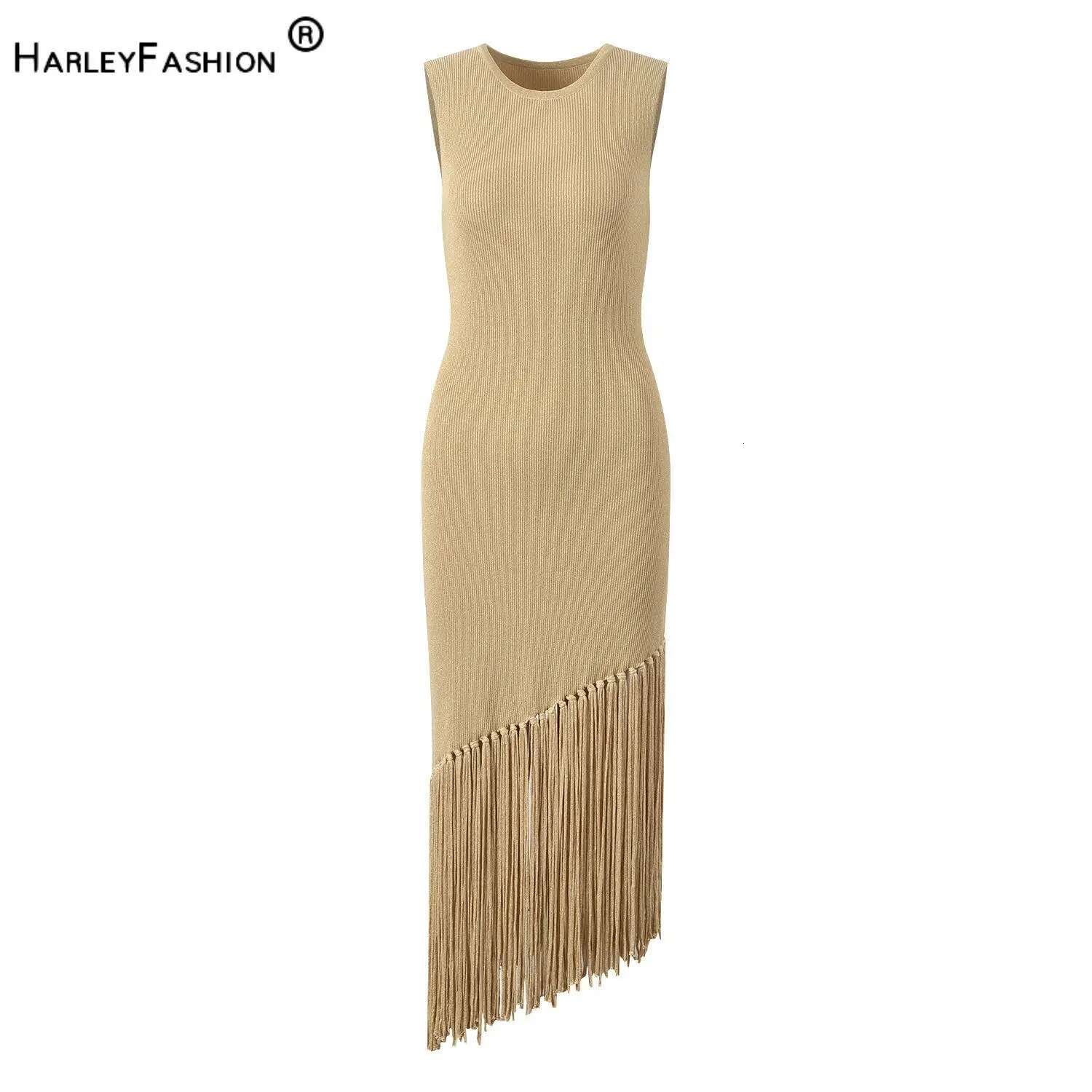 2024 Summer Lady O-Neckline Sleeveless Women Knitted Slim Fitted Designed Tassel Solid Long Dresses