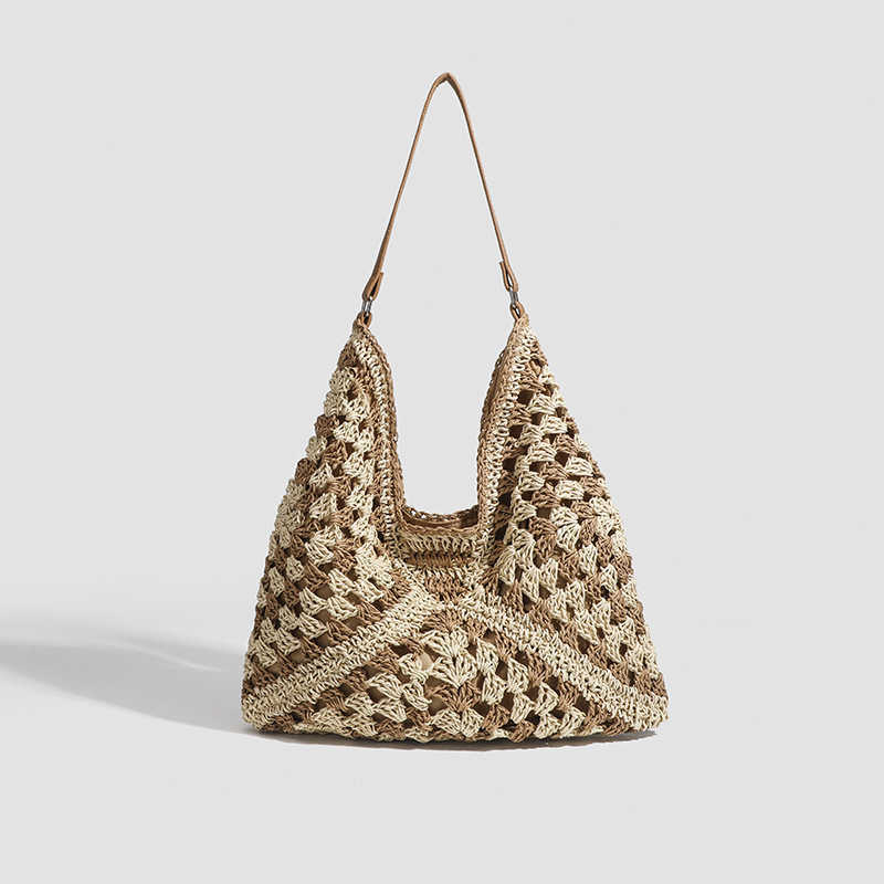 Woven Bag Beach Handmade Grass Woven Hollow Bag Square Flower Triangle Contrasting Color Woven Single Shoulder Tote Handbag