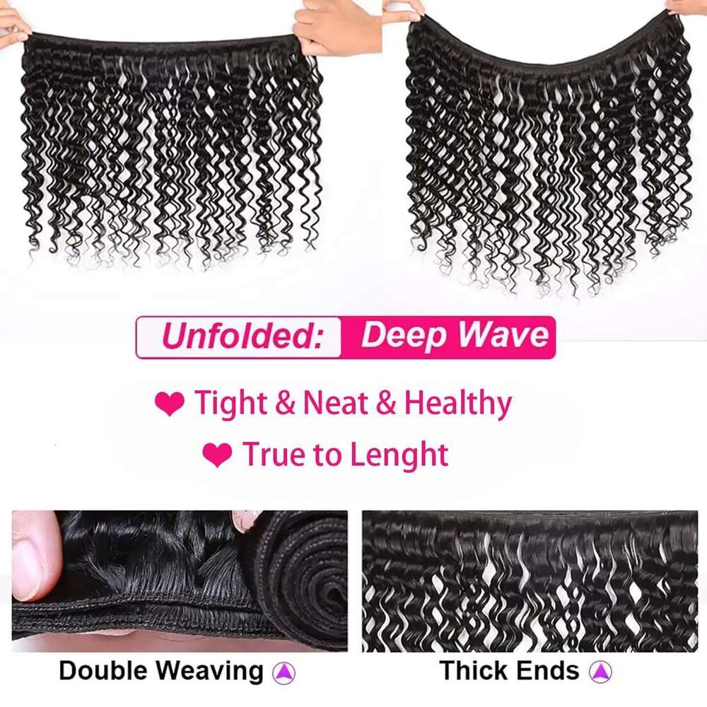 Deep Wave Brazilian Virgin Human Hair 3 Bundles With 4X4 Lace Closure For Black Women Natural Color 30 Inch