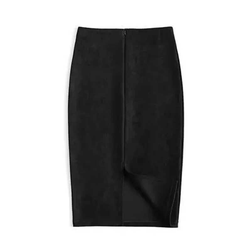 Winter sexy Bodycon suede leather 2025 fashionable knee long high waist office skirt Korean womens elegant ultra-thin pencil skirt M250424