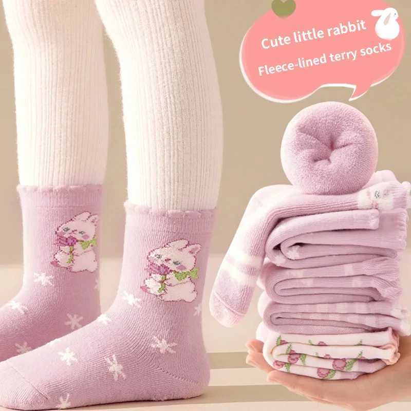 Girls Cherry Pink Winter Thickened Warm Socks Terry Cloth Light Pink Rabbit Pattern Childrens Socks 5-Pair Pack G251124