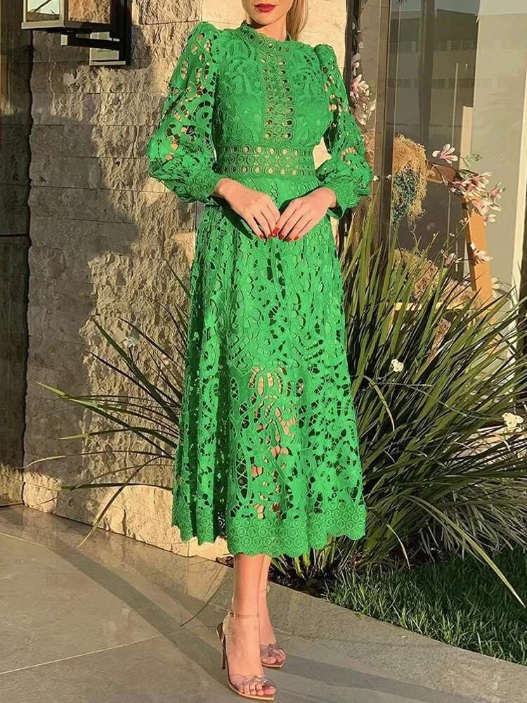VGH Vintage Solid Loose Dress For Women Stand Collar Long Sleeve High Waist Cut Out Lace Panel Dresses Female Spring Fashion New