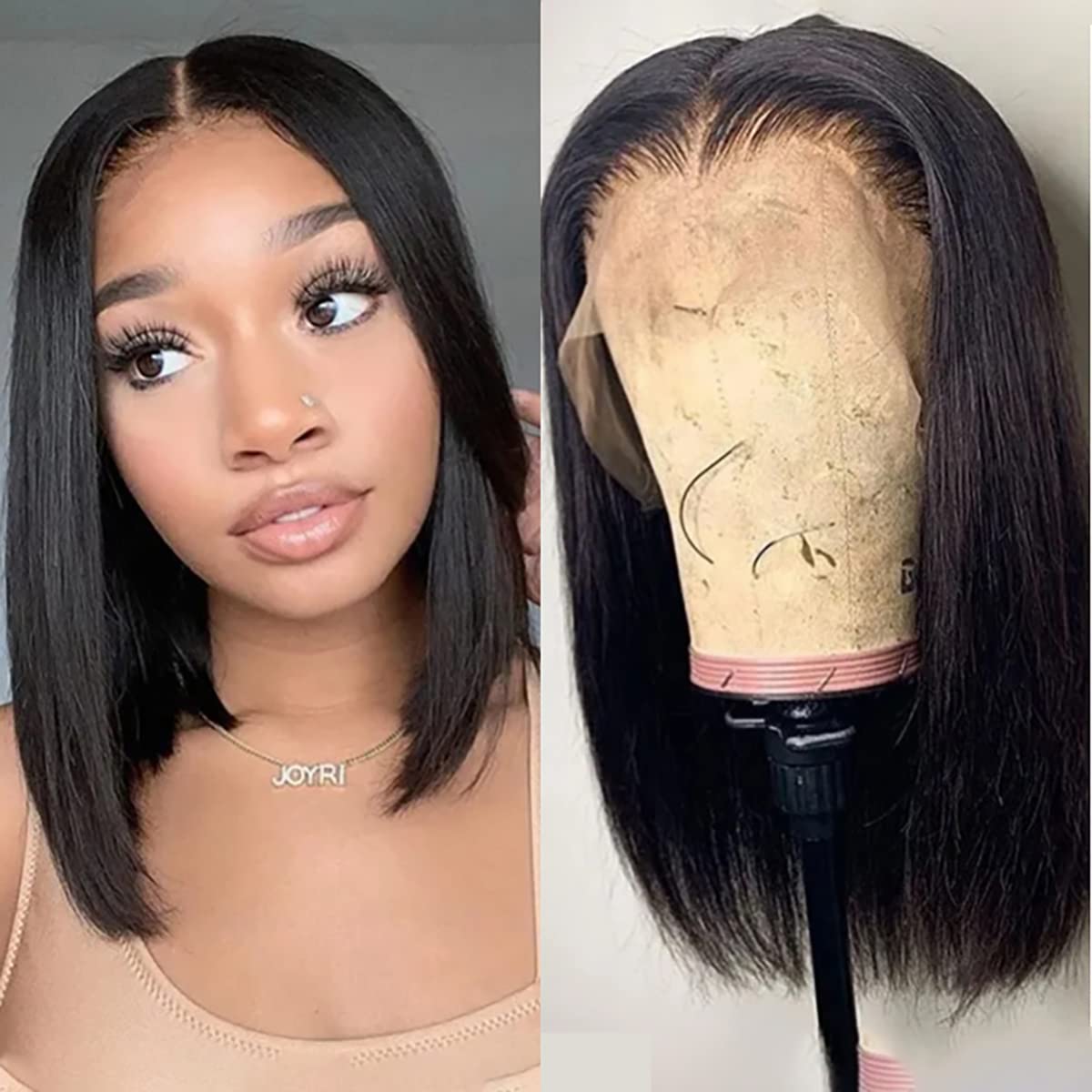 Black 13x4 Bob Wig HD Closure Lace Front Brazilian Human Hair For Black Women Pre Plucked Short Wig Natural Straight Hair HD Frontal Wig Short Hair Fa