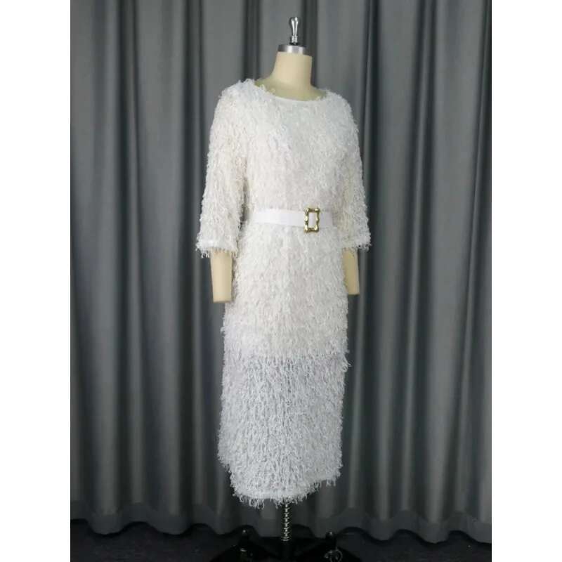 Customized Women White Fur Dresses 3/4 Sleeves Tassel Elegant Fluffy Midi Dress With Belt Fall Winter Party Club Night Go