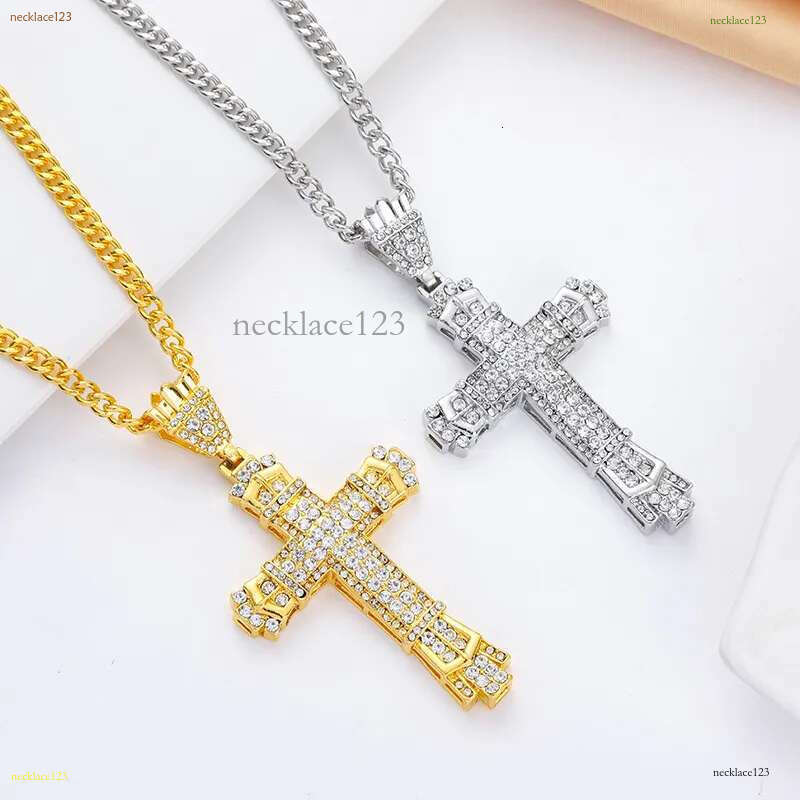 Hip Hop Cross Pendant Religious Charm Gold Sier Full Ice Out Crystal Neckalce Simulated Dias Catholic Crucifix Necklace With Cuban Chain Jewelry