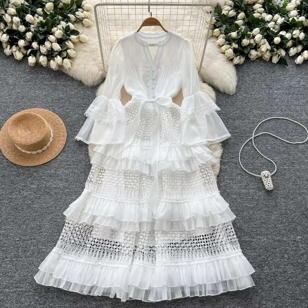 Elegant Hollow Out Lace V-Neck Vintage Flare Sleeves Chic Bandage Slim A-Line Cake Long Dresses French High Street Clothing