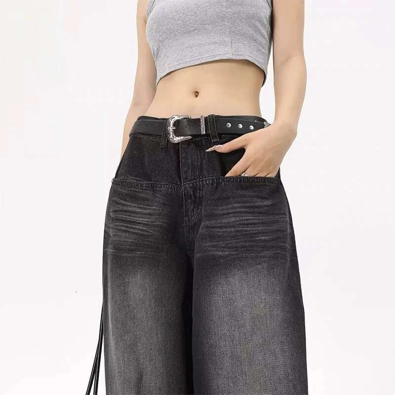 Designer Clothes Oversized Retro Black Wide Leg Pants For Women Chic Y2k Low Waist Baggy Trouser Mens Barrel Jeans Streetwear