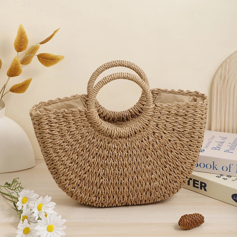 Fashion MOON Straw Handbags Women Summer Beach Bag Rattan Bag Handmade Vintage Woven Handbag For Women bolsa femme 250417
