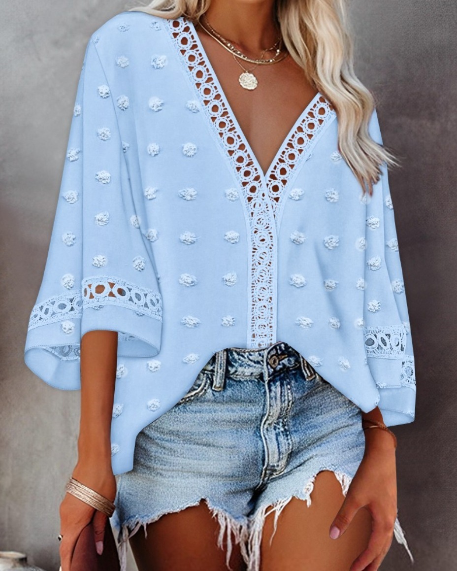 2025 Spring/Summer Style Solid Color V-neck Hollow Lace Shirt Womens Wear