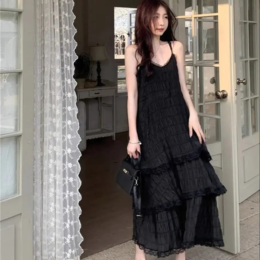 Elegant ruffled lace ribbon dress for women in fashion solid sleeveless long dress French sweet girl vest summer holiday dress 250423