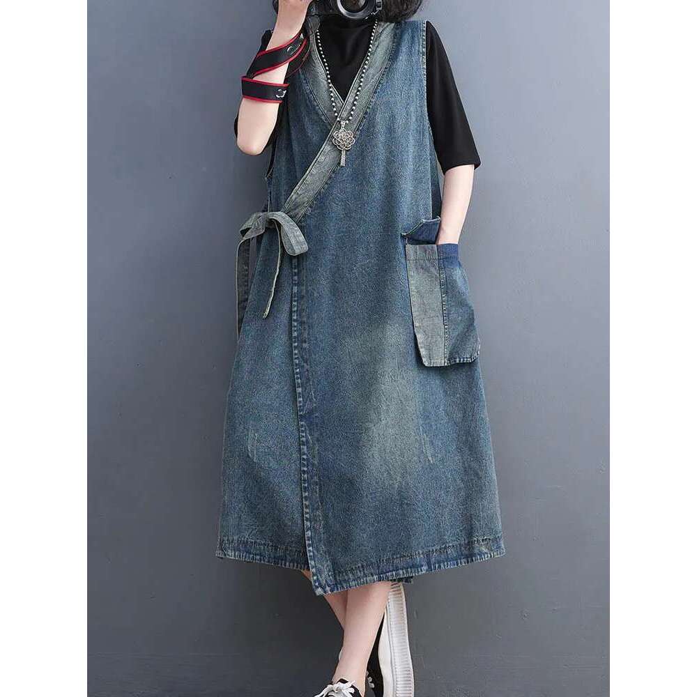 2023 Korean Fall Long Clothes Womens Fashion Loose Belt Sleeveless Denim Dresses Ladies Classic Leisure Vintage Vestidos